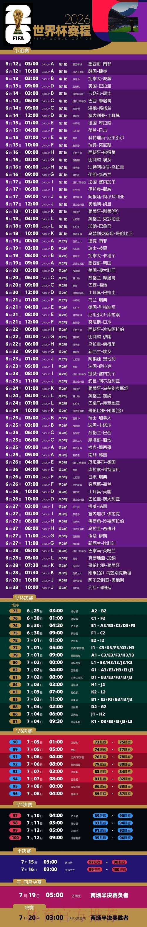 2026世界杯赛程完整版实时赛程免费观看 2026世界杯赛程完整版实时赛程免费观看